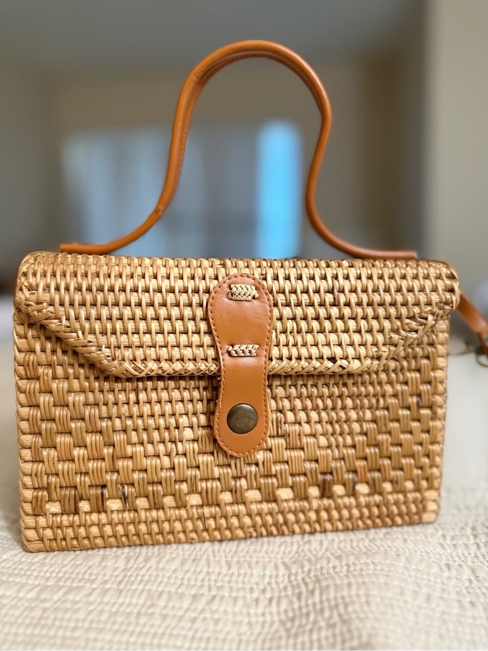 Woven Straw Top-Handle Bag in Tan